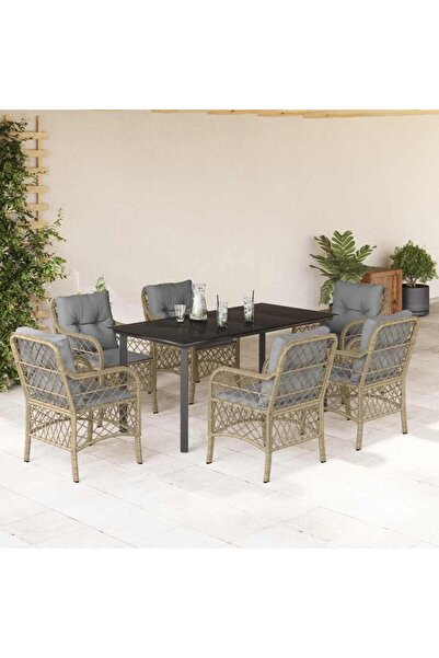 vidaxl Set mobilier pentru gradina, 7 piese, cu perne, bej, poliratan