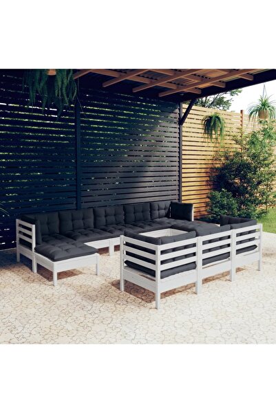 vidaxl Set mobilier de gradina cu perne, 10 piese, alb lemn masiv pin