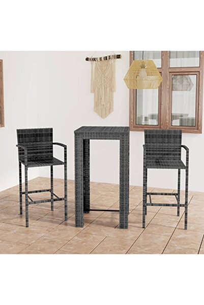 vidaxl Set bar de exterior, cu cotiere, 3 piese, gri, poliratan