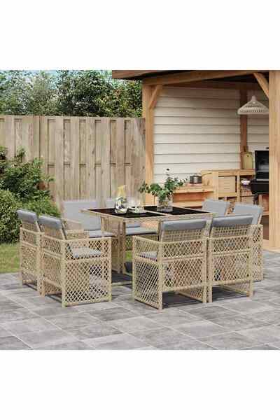 vidaxl 9-piece garden table set with cushions, beige, polyrattan