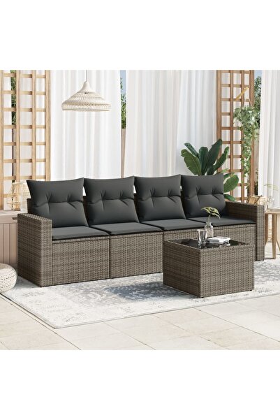 vidaxl Set canapea de gradina cu perne, 5 piese, gri, poliratan