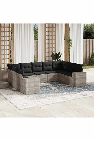 vidaxl Garden sofa set with cushions, 9 pieces, light grey, polyrattan