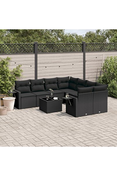 vidaxl Set mobilier de gradina cu perne, 9 piese, negru, poliratan