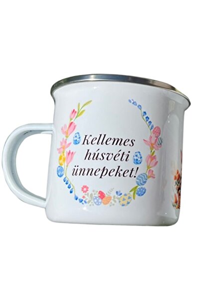 OEM Cană din oțel emailat alb, 360 ml (12 oz), model Iepurașul de Paște, mesa...