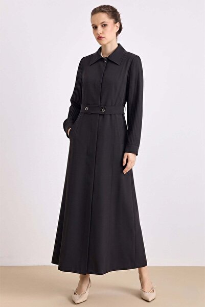 Olcay Shirt Collar Sleeves Pleated Detailed Lined Overcoat Black 6864