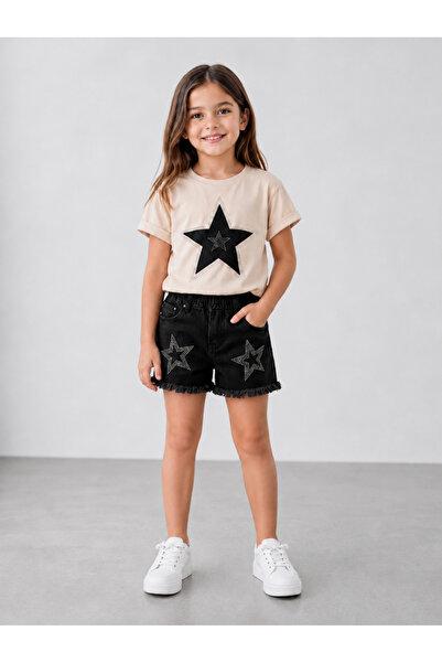 Stilera Girl's Stone Detailed Short Sleeve T-Shirt and Denim Shorts Set