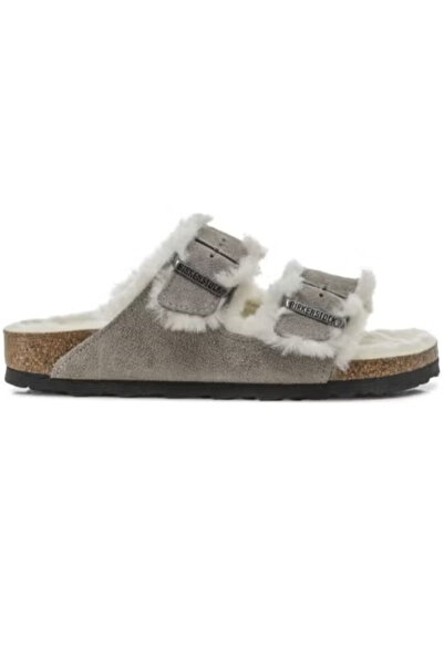 Premium Shearling Suede Grey Sandals – Cozy Fur-Lined Double Strap Comfort Sl...