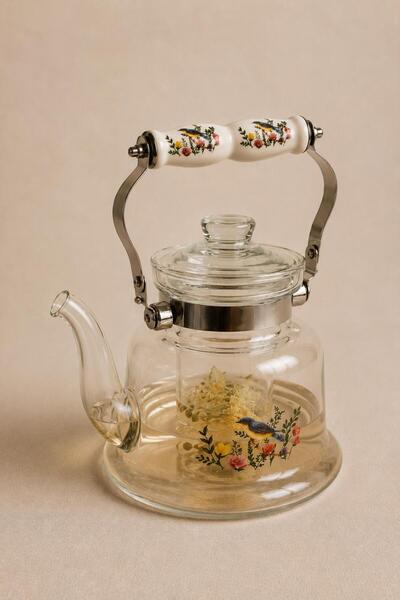 linahomee Vintage Kuş Desenli Cam Demlik (900 ml)