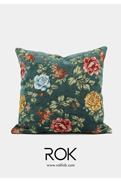 Çiçek Desenli Yeşil Kırlent Kılıfı 45x45 cm Dekoratif Yastık Kılıfı