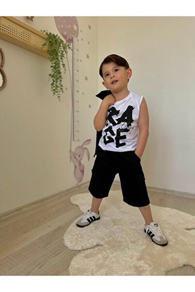 Asortik Kids طقم رياضي للأولاد مكون من 3 قطع، قميص أسود، تي شيرت، شورت كابري ...