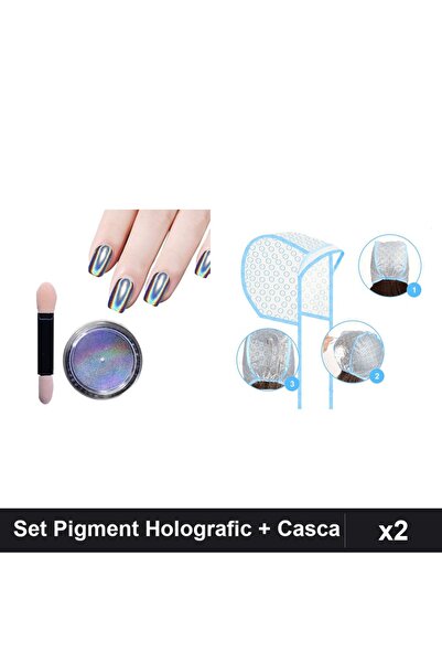 Makeup Set 2 Pigment Holografic Unicorn + Casca Suvite cu Croseta, Unghii Gel