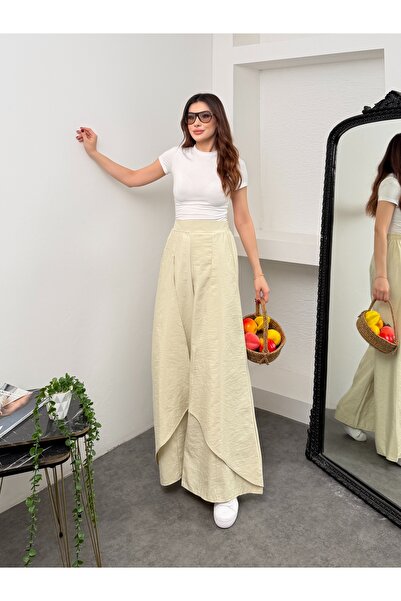 Hatun Atila Women's Tensel Modal Fabric Wide Leg Palazzo Trousers with Cape 9069