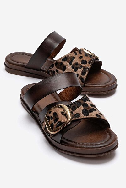 CCWAY AYAKKABI Women's Double Buckle Slippers; Taba Leopar