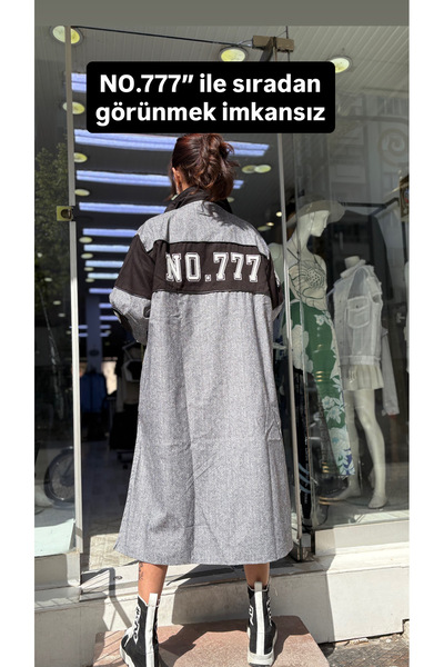 H4 Kadın Siyah Gri Garnili Oversize Uzun Trençkot Ceket