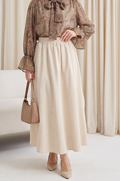 Modamorfo Elastic Waist Pocketed Parachute Skirt -Beige