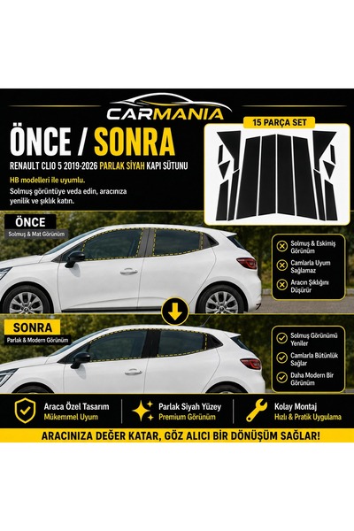 CARMANİA Renault Clio 5 ( 2019-2026) Parlak Siyah Piano Black Kapı Sütunu Set...