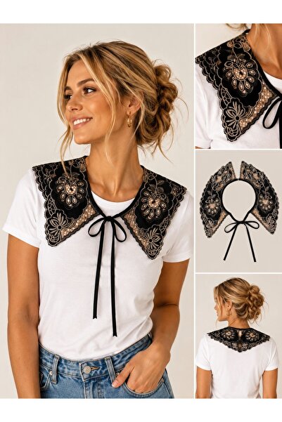 CROCUS DESIGN Nakışlı bej siyah yaka aksesuar
