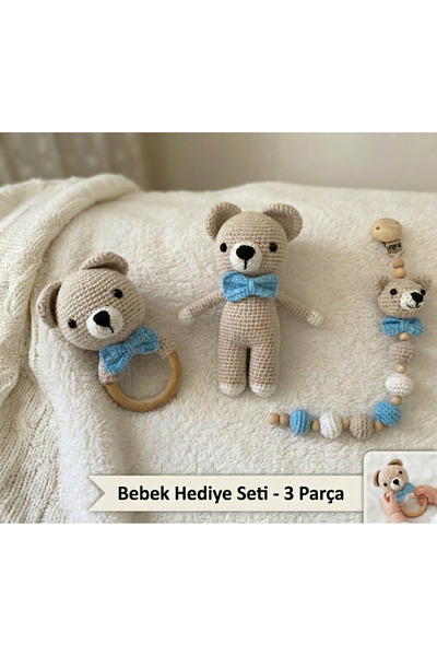 Taze Kal Yenidoğan Hediye Seti - %100 Organik İpten El Örgüsü Amigurumi 3 'lü...