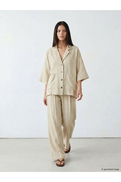 LC Waikiki بنطلون نسائي من الكتان بخطوط واسعة من LCW Modest