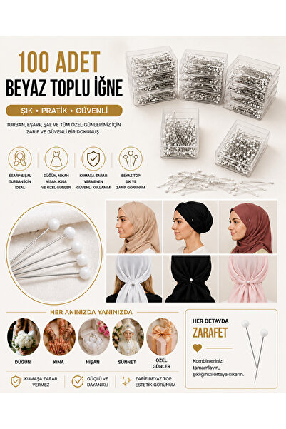 Organizasyon Pazarı 100’lü Beyaz Toplu İğne Türban, Eşarp, Şal, Düğün, Kına, ...