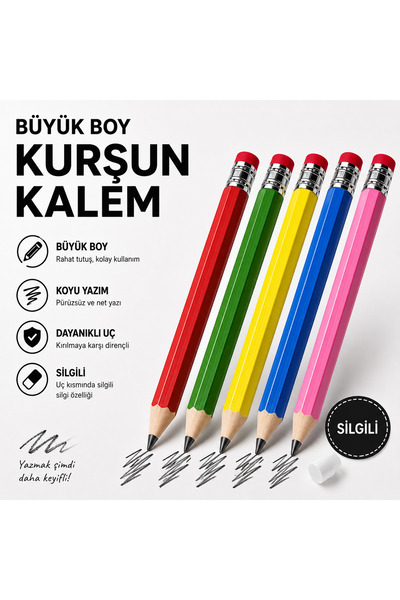 1DepoBu Büyük Boy Silgili Kurşun Kalem Siyah Yazan Kalın Gövdeli Renkli Kalem