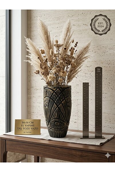 NişTasarım Antik Eskitme Gold Detaylı Taş Tozu Büyük Vazo - 26 cm Dekoratif H...