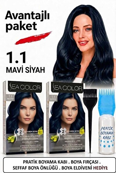 Sea Color Set Saç Boyası 1.1 Mavi Siyah 2 Li 2 Kutu+Pratik Boya Kabı