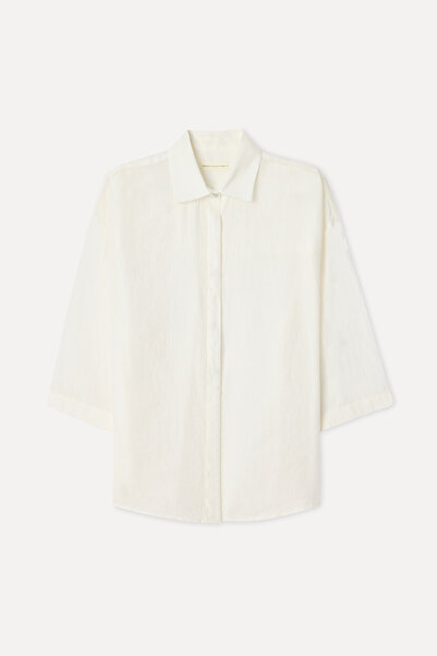 Mudo Women's Off-White Short Sleeve Linen Blend Shirt