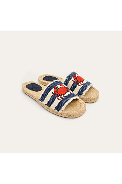 Mudo Women's Navy Blue Embroidered Straw Sole Slippers