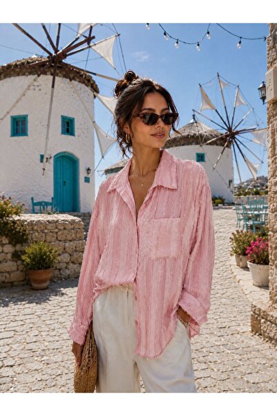 SU SHE Women's Dark Pink Tasseled Textured Oversized Comfortable Fit Loose Shirt