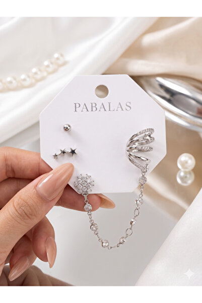 PABALAS طقم أقراط أذن على شكل كفة الأذن مرصع بحجر الزركون مع سلسلة متدلية، أق...
