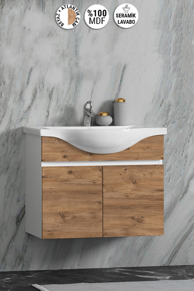 ÖZCEDEN Yıldız 55 cm Beyaz-Atlantik Çam MDF Seramik Lavabolu Asma Banyo Alt D...