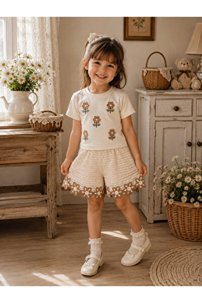 My Lusa baby wear Kız Çocuk Papatia Çiçek Nakışlı Şortlu Takım Pamuklu Yazlık...