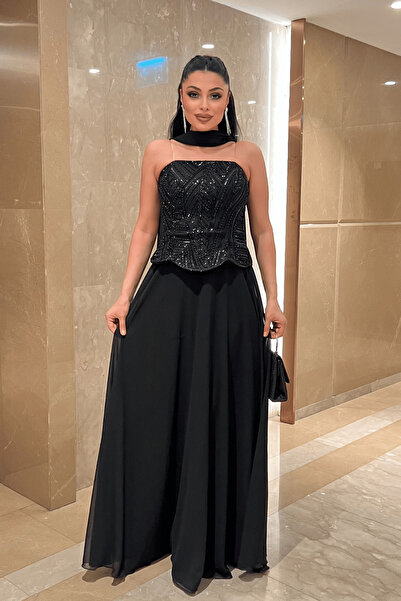giyimmasalı Beaded Top and Chiffon Bottom Strapless Dress - Black