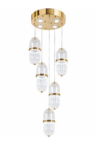 Verona Modern 5’li Gold Sarkıt LED Avize Kristal Camlı 3 renkli sarı beyaz gü...