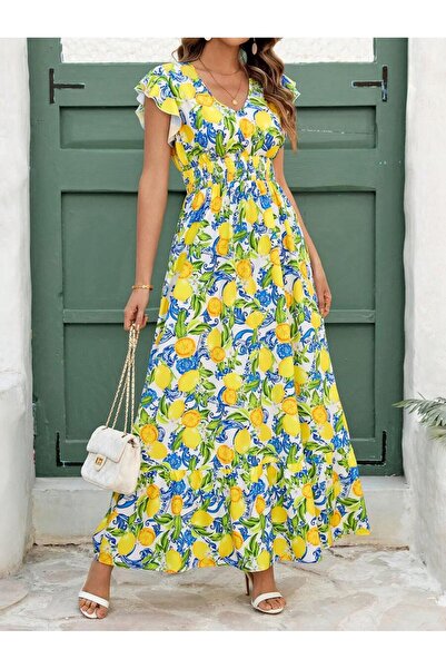 Iuliashop Adriela Long White Dress with Lemon Print - Plus Sizes - 44