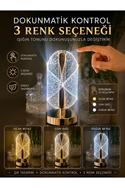 Store Dokunmatik Şarjlı 3 Kademeli Işıklı Gold Kristal Spiral Dekoratif LED M...