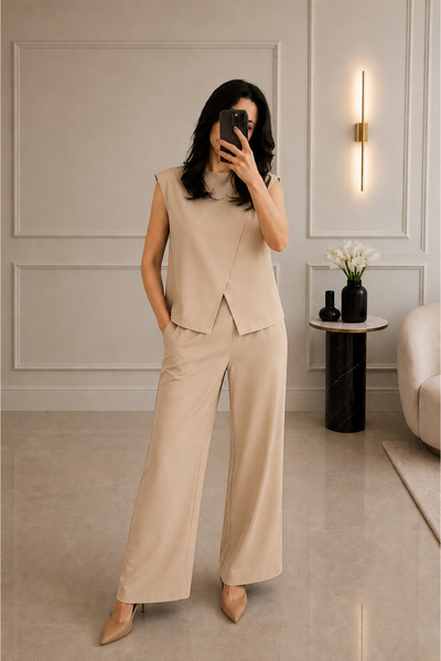 Get Crazy Women's Linen Look Slit Detailed Blouse Palazzo Trousers Two-Piece Set