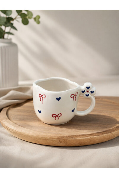 HİS Studio Clover-Shaped Mouth and Handle, Detailed Red Bow, Navy Blue Heart ...