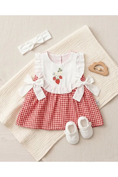 Luna Kids Store Kız Bebek Çilek Nakışlı Fırfır Yaka Pitikare Elbise - Kırmızı