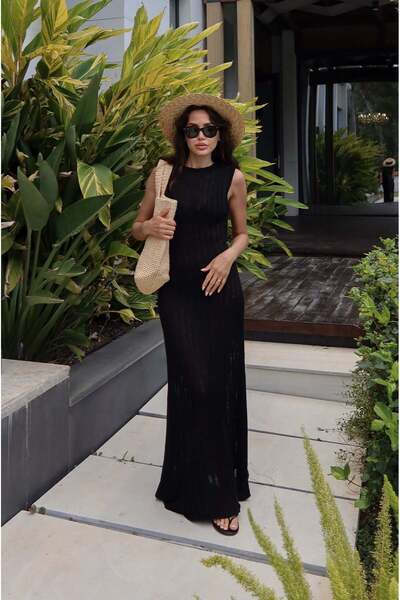 Havoş Black Noire Knitwear Beach Dress