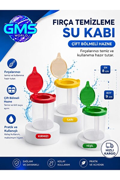 GMS WORLD 3 ADET FIRÇA TEMİZLEME SU KABI / ÇİFT BÖLMELİ / 8cm X 9cm