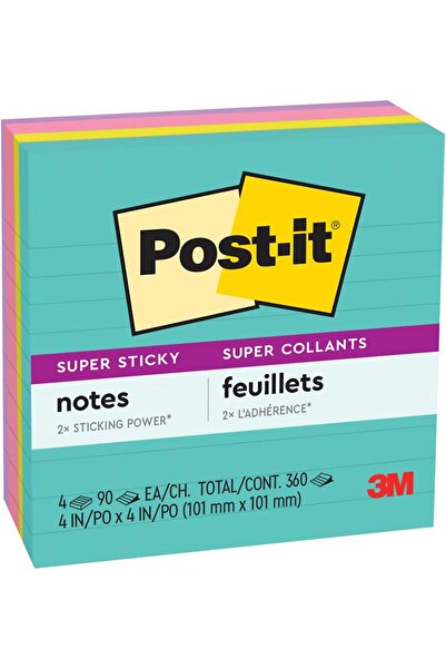 Post-it Super Sticky Lined Notes (101 x 101 mm) 675, Assorted Colors, 90 Shee...