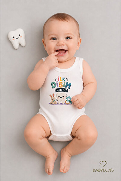 BABYDEN'S Diş Buğdayı Body %100 Pamuk İlk Dişim Çıktı Baskılı Kolsuz Bebek Bo...