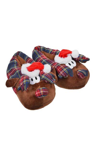 Zumzeria Men's 3D Deer Brown House Slippers with Checkered Pattern, Red Hat &...
