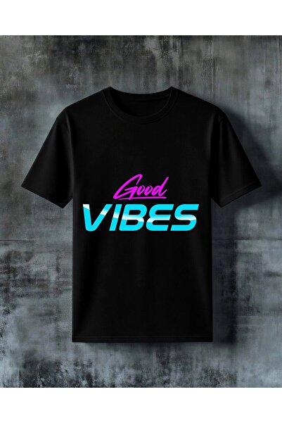 COMVİCHO تي شيرت كبير الحجم مطبوع عليه Good Vibes باللون الأزرق الماجنتا