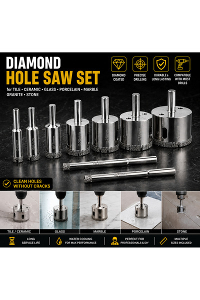Bigstren Set 10 carote diamantate 6-68 mm pentru gresie, faianta, sticla si p...