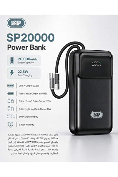 SP ⚡   20000Mah Power Bank 22.5W Fast Charging with Built in Dual Cables Digi...
