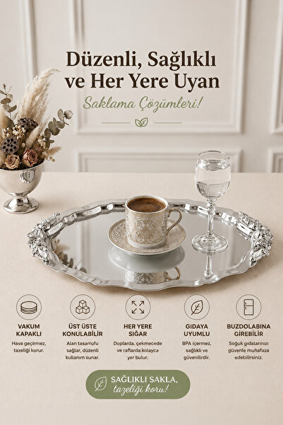 Kitchen Life Büyük Boy Vintage İşlemeli Oval Paslanmaz Çelik Gümüş Kahve Sunu...