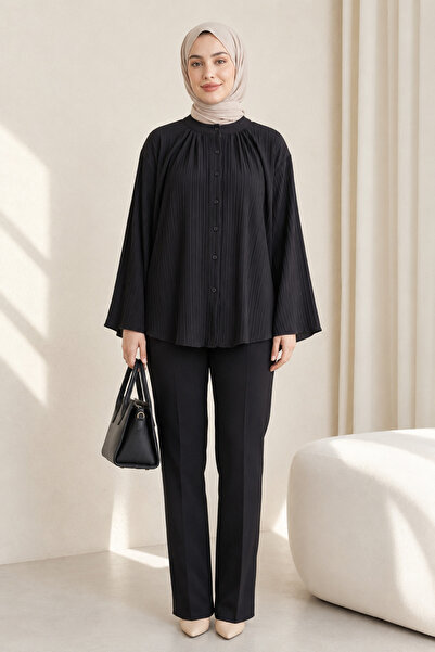 Kirazgym Buttoned Spanish Sleeve Round Neck Tunic-Black